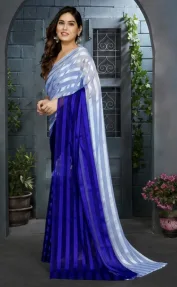 Women's Blue & Silver Striped Saree view 2